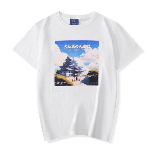 Camiseta estilo manga japonés con castillo de osaka, blanca