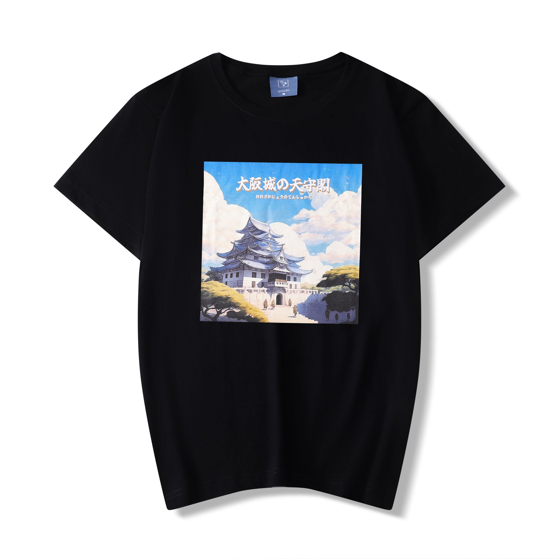 Camiseta estilo manga japonés con castillo de osaka, negra