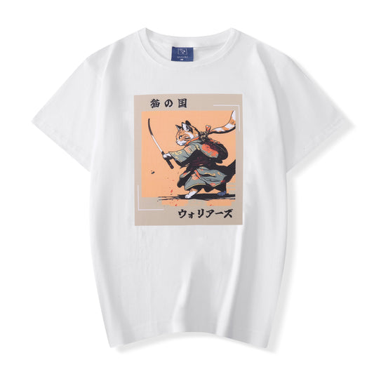 Camiseta estilo manga japonés con gato samurai, blanca