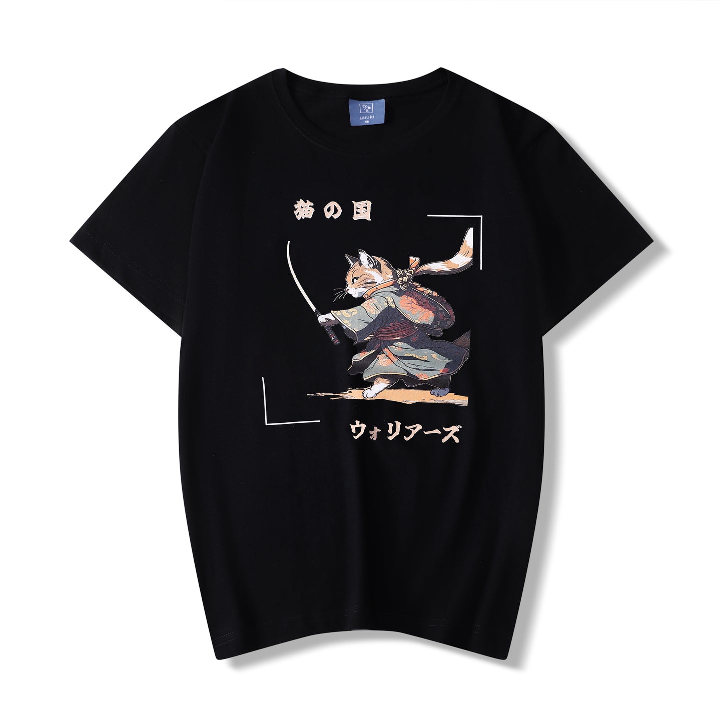 Camiseta estilo manga japonés con gato samurai, negra