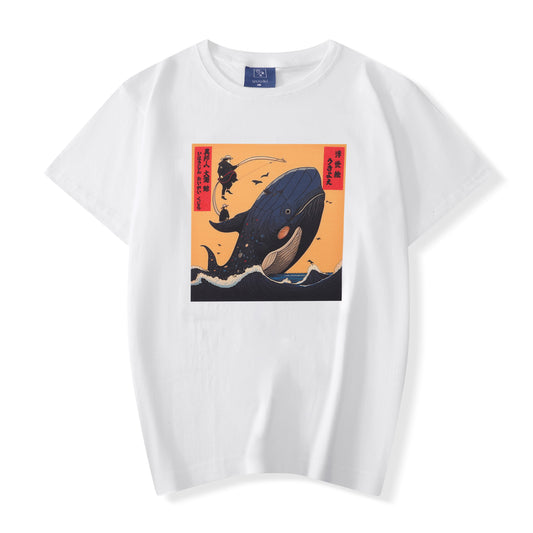 Camiseta estilo manga japonés con ballena ukiyo-e, blanca