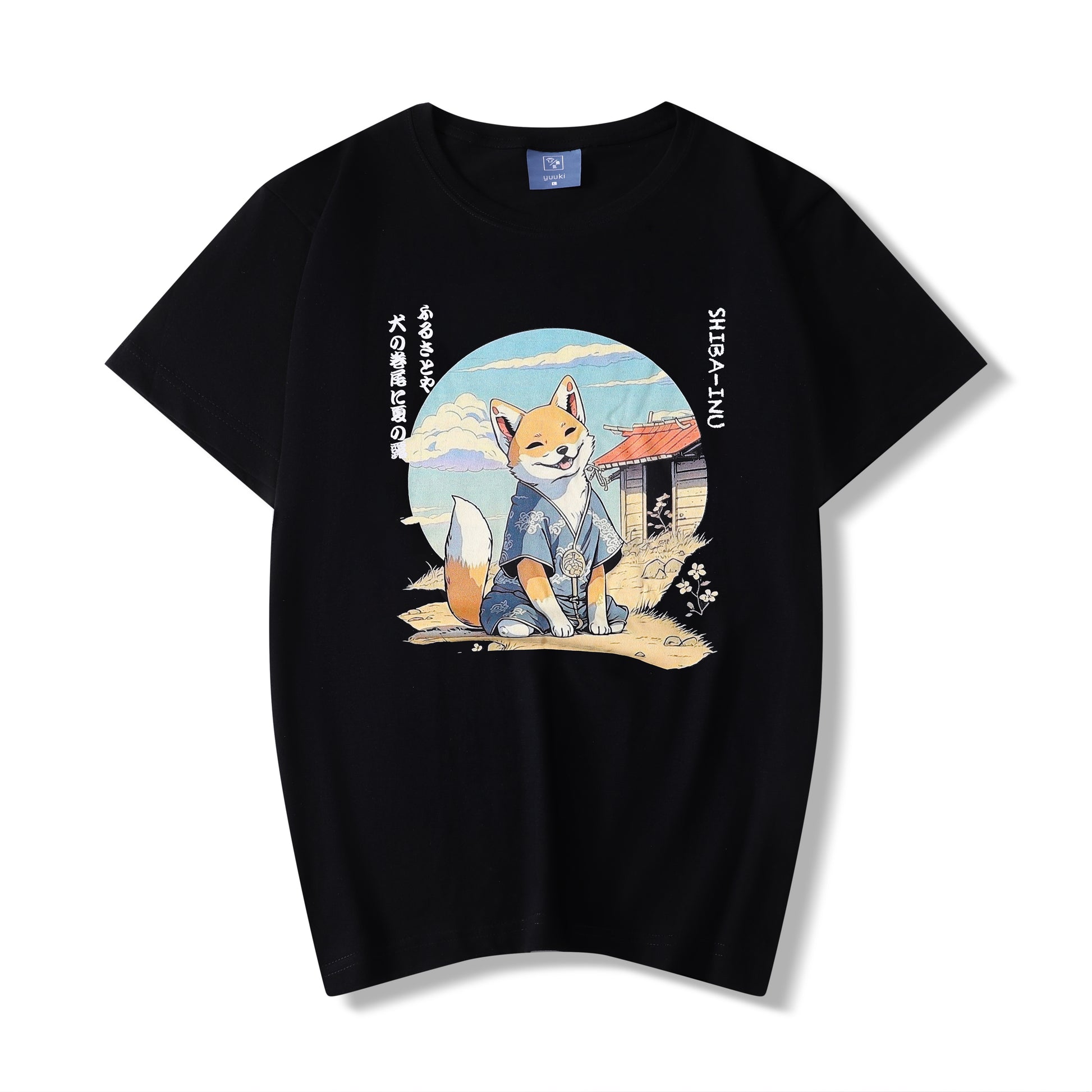 Camiseta estilo manga japonés con shiba inu, negra