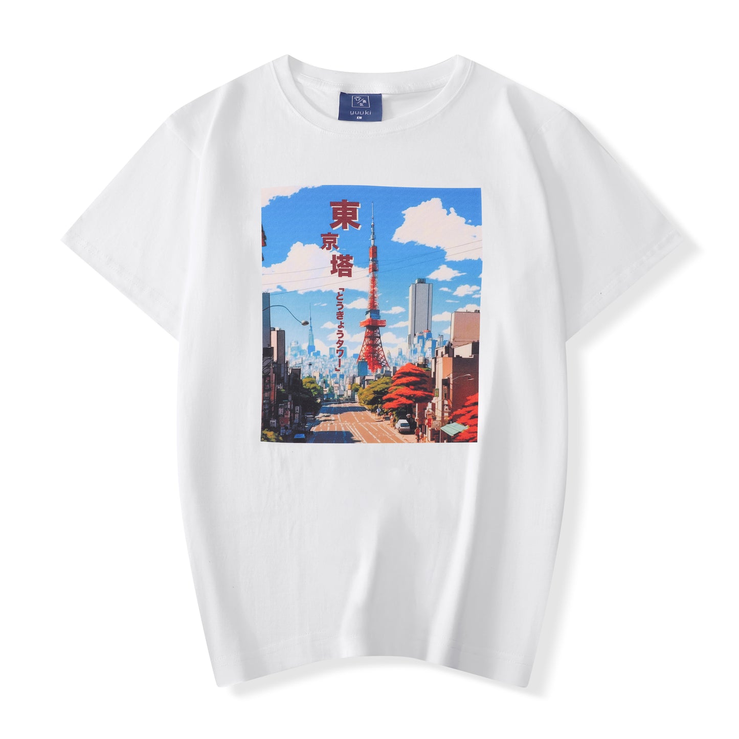 Camiseta estilo manga japonés con torre de Tokio, blanca