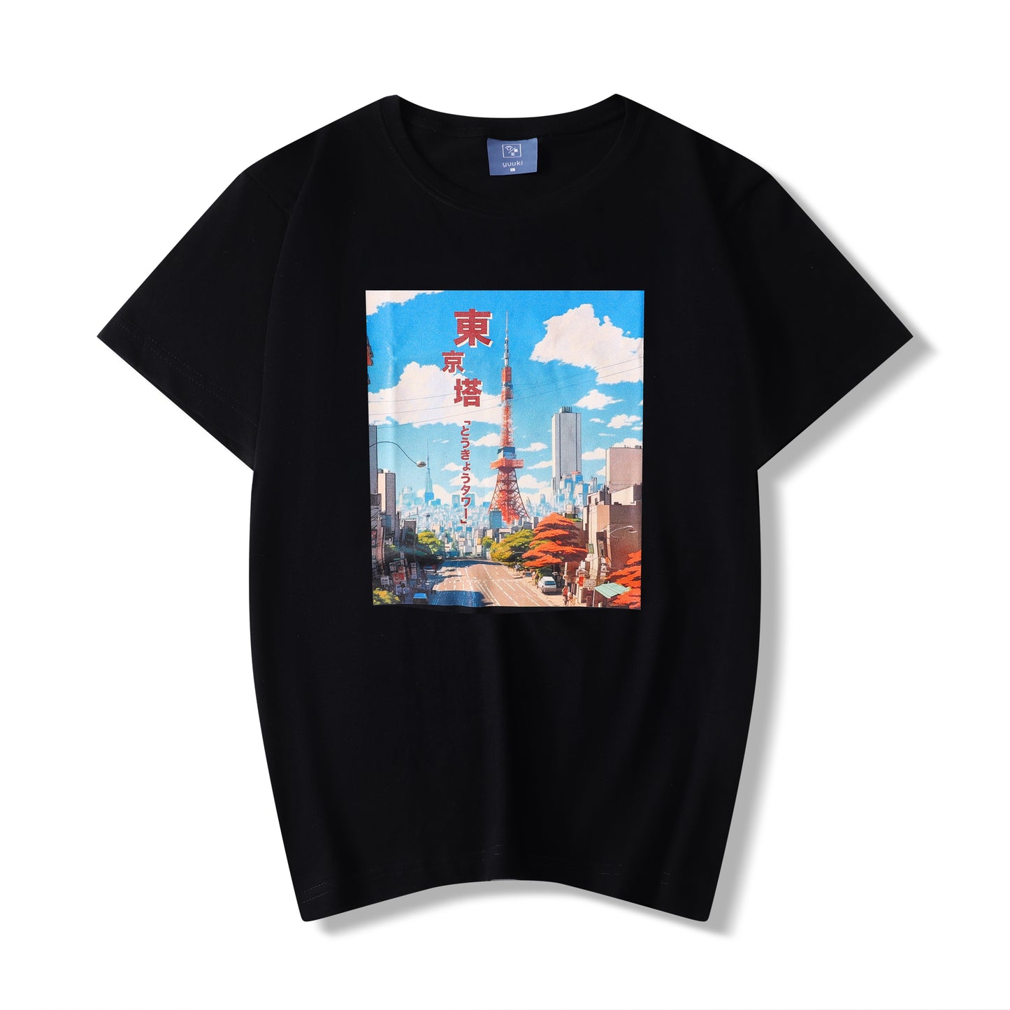 Camiseta estilo manga japonés con torre de Tokio, negra