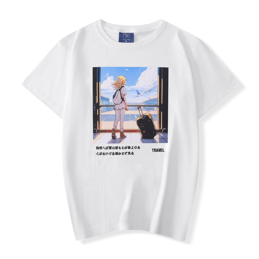 Camiseta estilo manga japonés con chica viajera, blanca