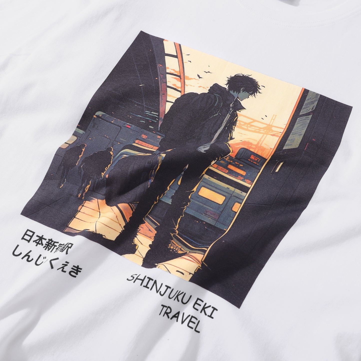 Camiseta estilo manga japonés con chico en Shinjuku, detalle ilustración